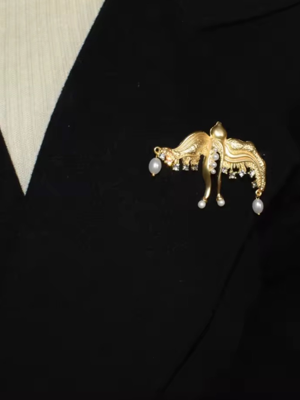 Schiaparelli inspired Gold Winged Pearl Drop Brooch
